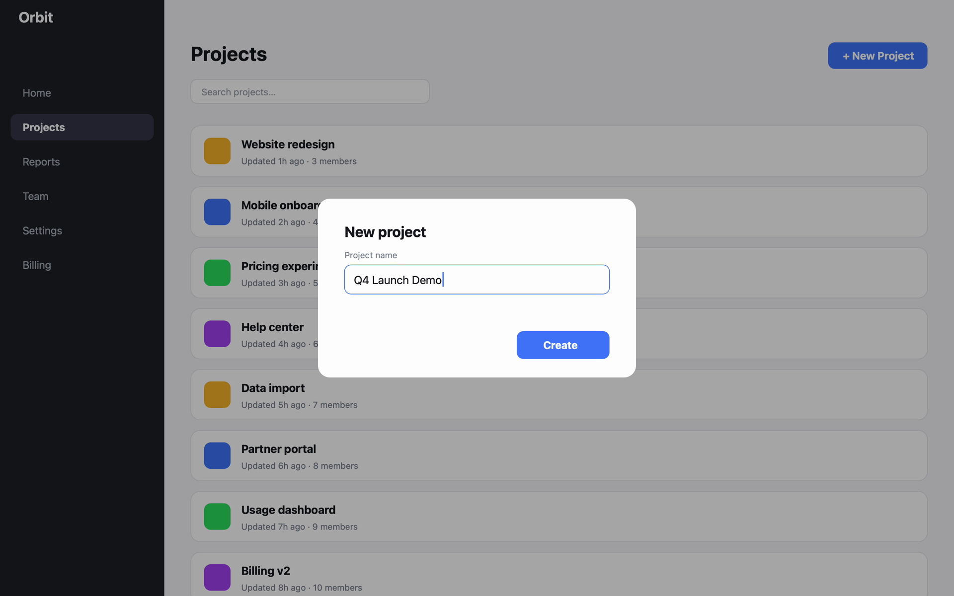 A raw, unedited ScreenCameo capture of a project app with its New project dialog open