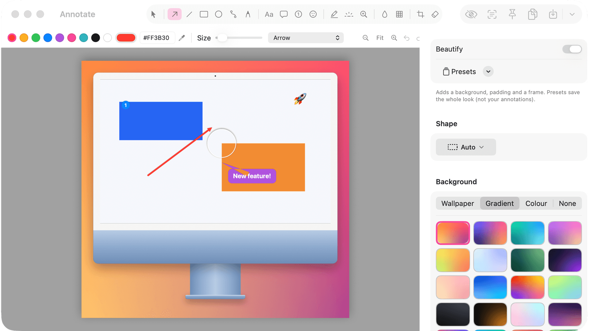 The ScreenCameo screenshot editor adding a bent arrow, self-renumbering step counters, a blur, a spotlight, a callout and a magnifier
